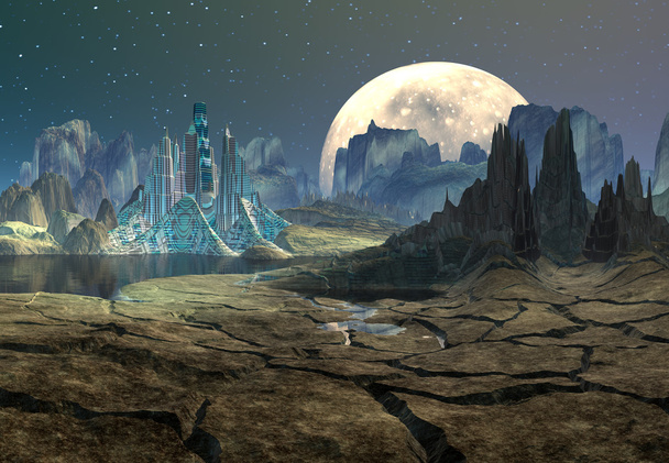 エイリアンの惑星 - ベクターファンタジー風景 - 写真・画像