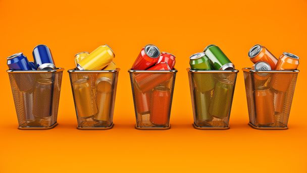 Concepto de reciclaje: latas de bebidas en la papelera. renderizado 3d
 - Foto, imagen