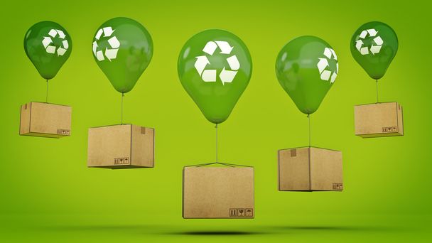 Cartel de reciclaje En un globo verde brillante y cartón. renderizado 3d
 - Foto, imagen