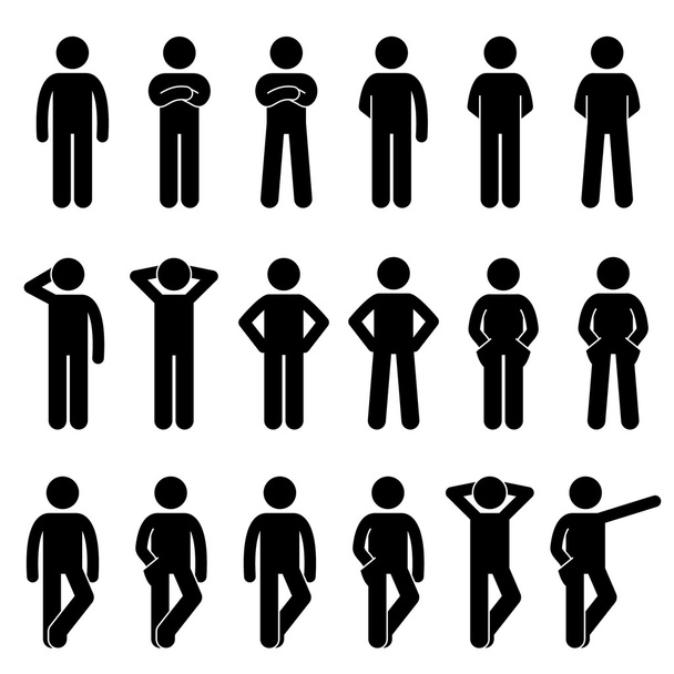 Varios hombres humanos de pie básicos Personas Idiomas Corporales Poses Posturas Stick Figure Stickman Pictogram Iconos Set - Vector, Imagen