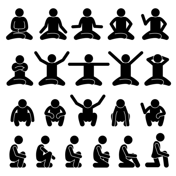 Menschen, die auf dem Boden sitzen und hocken, posieren mit Strichmännchen-Piktogrammen - Vektor, Bild