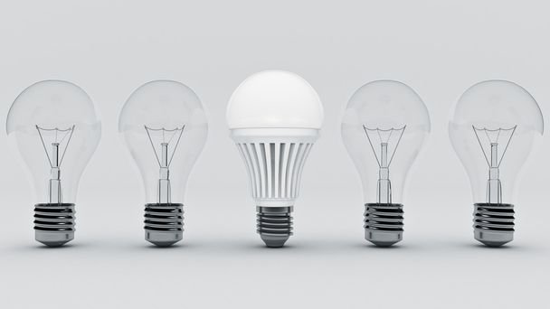Glowing LED bulb and simple light bulbs. 3d rendering - Photo, Image
