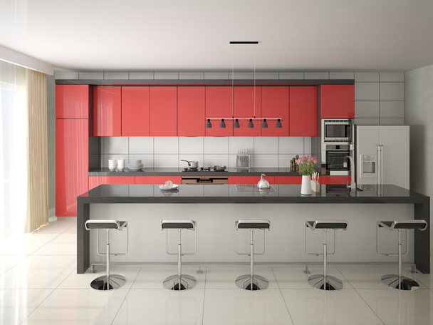 Vörös bútorokkal berendezett modern konyha. - Fotó, kép