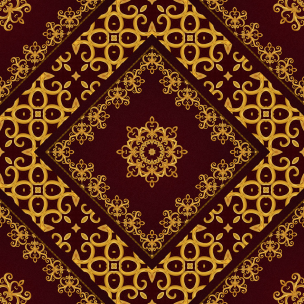 Pattern, seamless. Golden crystals, weaving, arabesques. Gold arabesque, oriental style, abstract figure, tiles, mosaics. Sparkling decorative square frame. Dark brown background. - Photo, Image