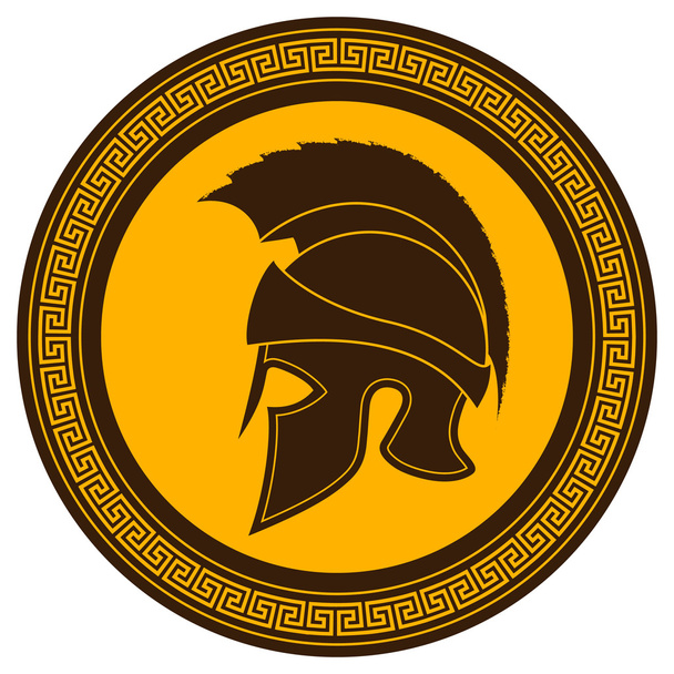 白の背景上の盾の紋章を持つ古代ギリシャのヘルメット - ベクター画像