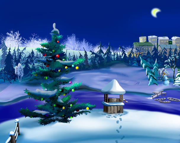 Рождественская ёлка зимой. Новогодняя сцена
 - Фото, изображение