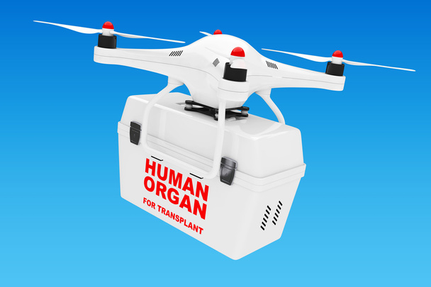 Menselijke Donor-organen levering per wit Quadrocopter Drone. 3D-Rend - Foto, afbeelding