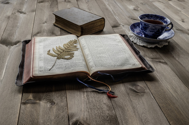 Ανοικτές και κλειστές Βίβλους με φλυτζάνι του τσαγιού - Φωτογραφία, εικόνα
