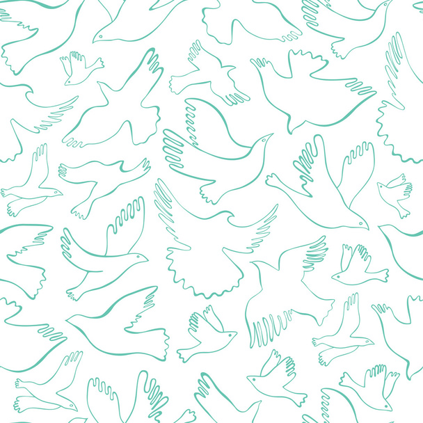 Seamless pattern with turquoise birds on white background. Vector hand drawn birds. - Vector, Imagen