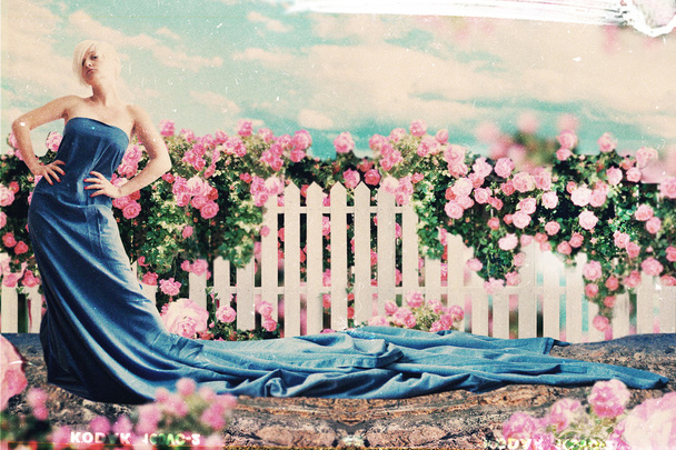 Τέχνη κολάζ με όμορφη γυναίκα στον κήπο - Φωτογραφία, εικόνα