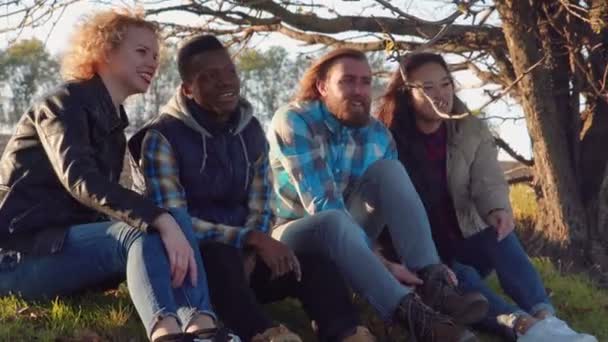 vier multirassische Freunde sitzen im ländlichen Raum. - Filmmaterial, Video