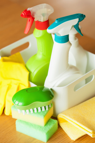cleaning items household spray brush sponge glove - Foto, afbeelding
