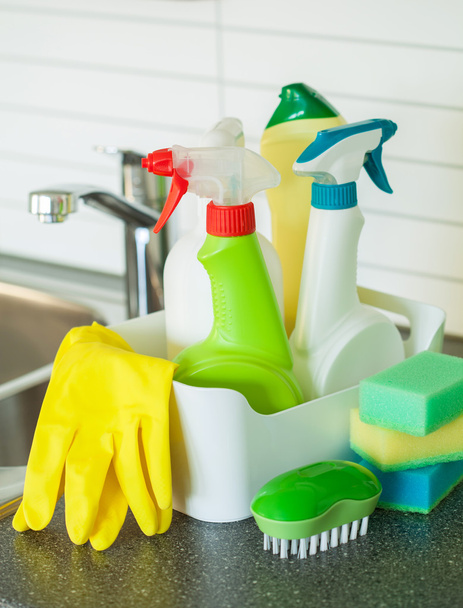 cleaning items household kitchen brush sponge glove - Valokuva, kuva