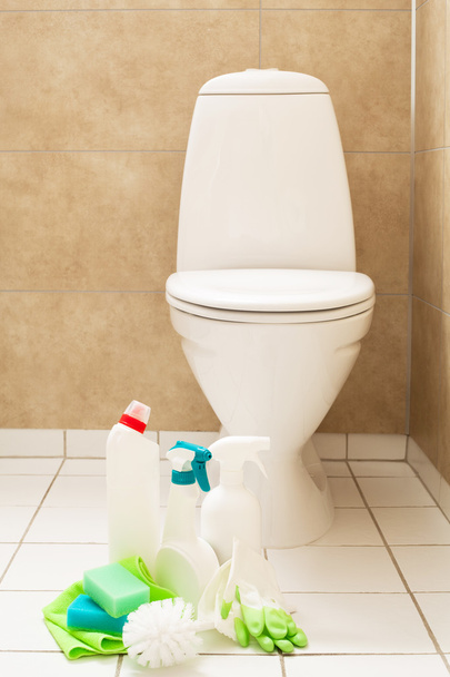 cleaning items gloves brush white toilet bowl bathroom - Photo, Image