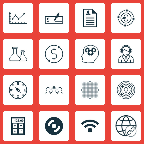 Set Of 16 Universal Editable Icons. Can Be Used For Web, Mobile And App Design. Includes Icons Such As Graphical Grid, Chemical, Coaching And More. - Vector, Image