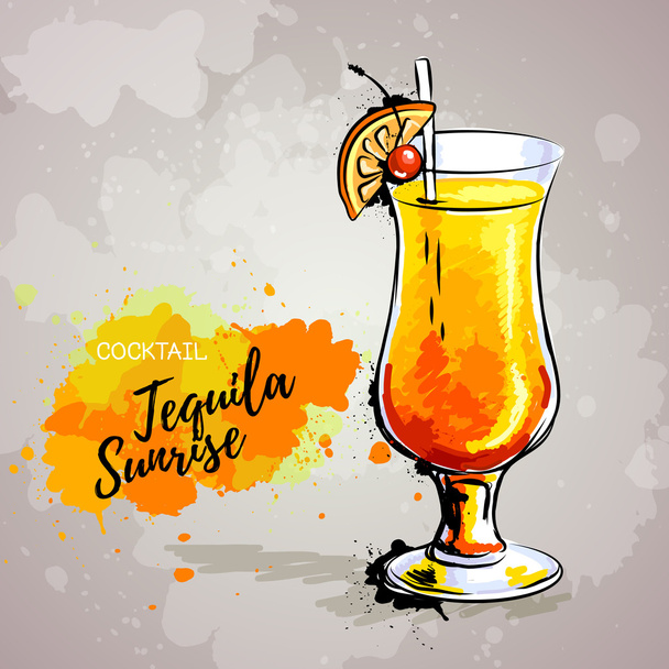 Hand drawn illustration of cocktail tequila sunrise. - Vector, imagen