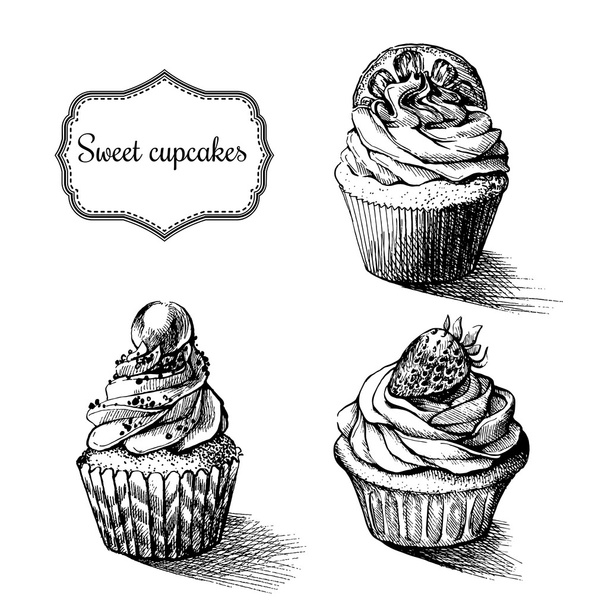Vector monochrome background. Hand drawn sweet cupcakes with lemon. strawberry and pearl. Set for greeting card, postcard or adult coloring book. Cute food illustration. - Vektor, kép