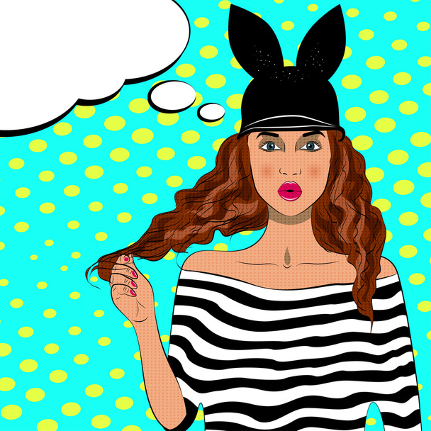 Pop art pretty woman with long hair and hat. - Vector, Image