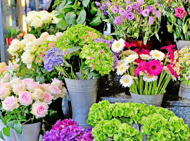 Colorful flowers in the street market - Фото, изображение