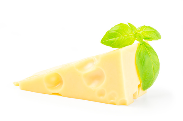Cheese and basil leaves isolated on white background cutout - Photo, Image