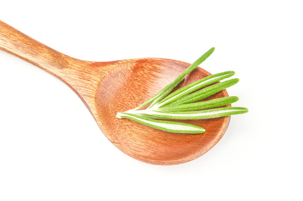 Twig of rosemary in wooden spoon on a white background - Photo, Image