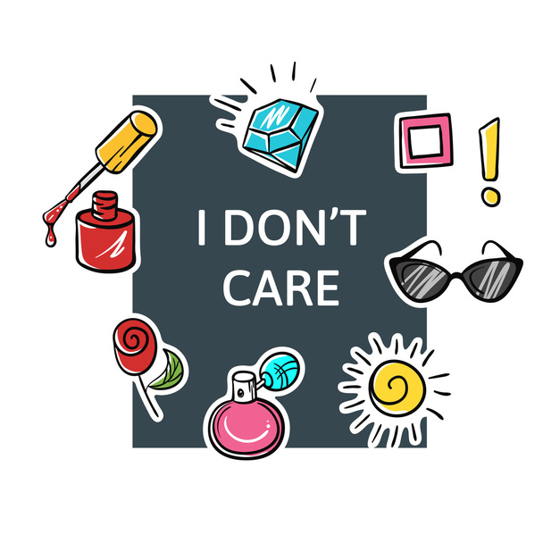 Illustrazione vettoriale dello slogan "I dont care" con patch di moda
 - Vettoriali, immagini
