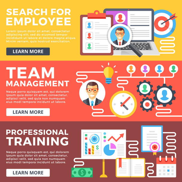 Search for employee, team management, progessional training flat illustration concepts set. Flat design graphic elements for web banners, web site, printed materials, infographics. Vector illustration - Vector, Image