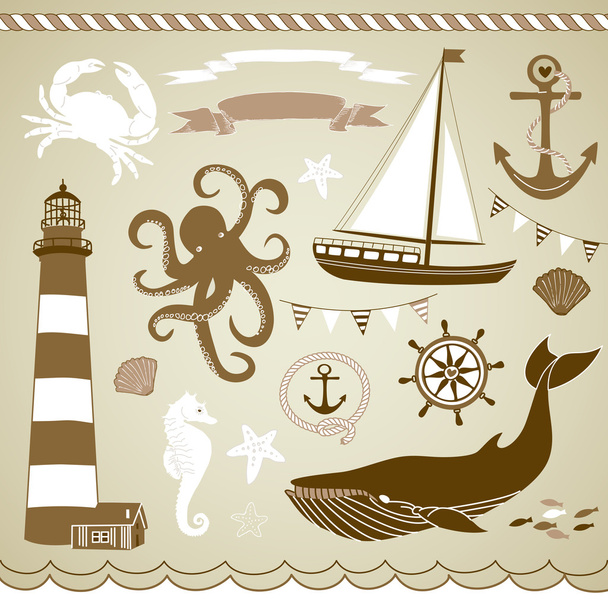 Decorative Nautical and Sea Set,maritime illustrations - Vettoriali, immagini
