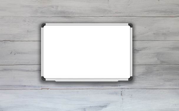 白い木製の壁背景を持つ空白のホワイト ボード - 写真・画像