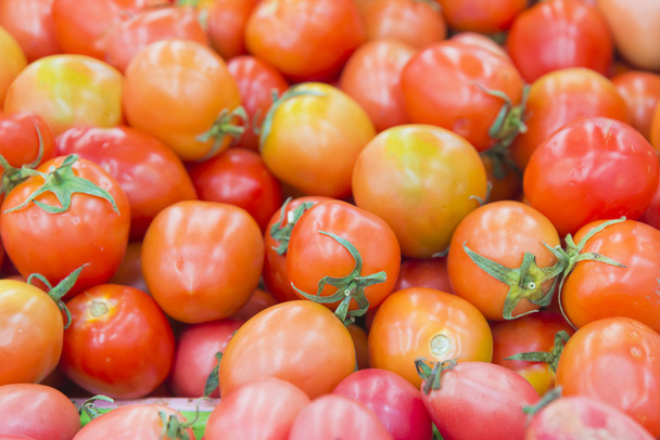 新鮮な市場で棚にトマトにクローズ アップ - 写真・画像