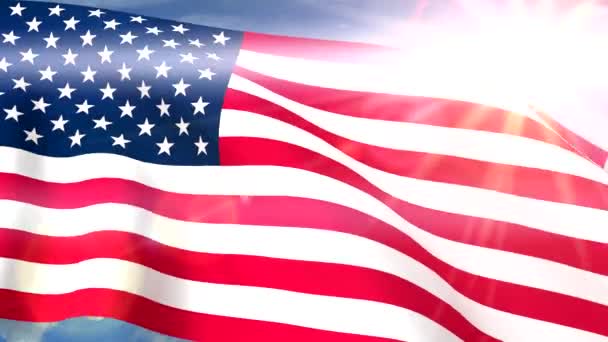 ABD bize bayraklar Closeup karşı mavi gökyüzü Cg sorunsuz döngü 4 k sallayarak - Video, Çekim