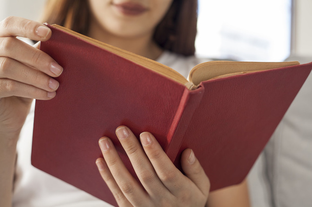 Jovem mulher lendo livro em casa
 - Foto, Imagem