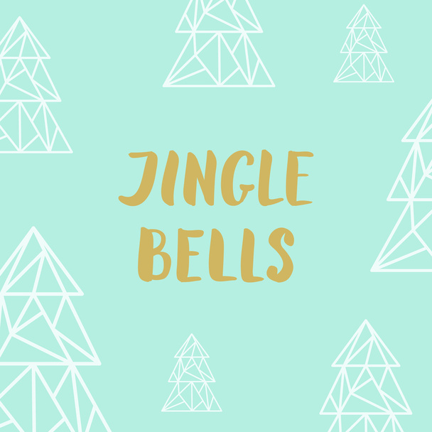 Golden lettering Jingle bells and triangle fir trees on turquoise - Vector, afbeelding