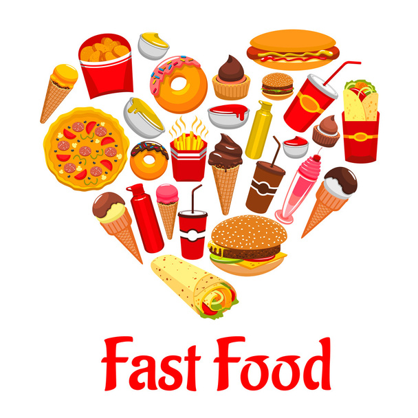 Fast food εικονίδια στην καρδιά σχήμα έμβλημα - Διάνυσμα, εικόνα