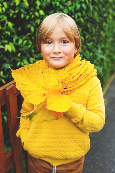 Herfst dicht omhoog portret van schattige kleine jongen met bladeren, gele warme sweater en gebreide sjaal dragen - Foto, afbeelding
