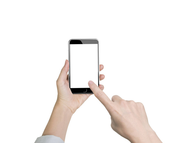 Nő kezében okos telefon a mutatóujjával megérintette fehér sc - Fotó, kép