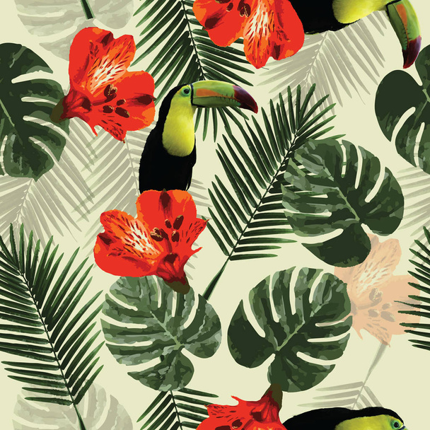 Tropical seamless pattern with toucan parrot, flowers and palm l - Вектор, зображення