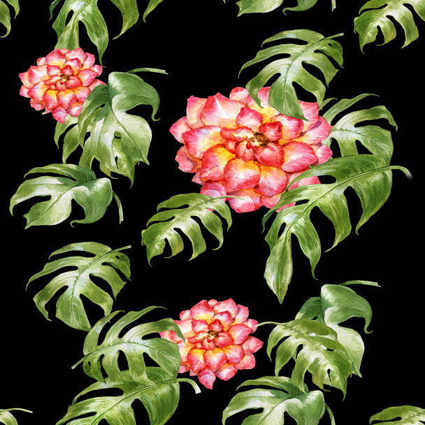 Pittura ad acquerello di foglie e fiori, modello senza cuciture  - Foto, immagini