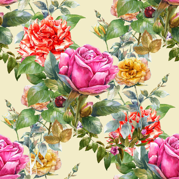 Watercolor painting of leaf and flowers,rose, seamless pattern  - Foto, imagen