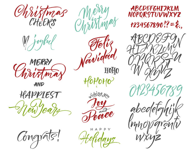 Vektor ábécé. Karácsonyi és újévi Gratula. Szezon Üdvözlet. Csetes képeslapok és Üdvözlet a család és a barátok - Vektor, kép