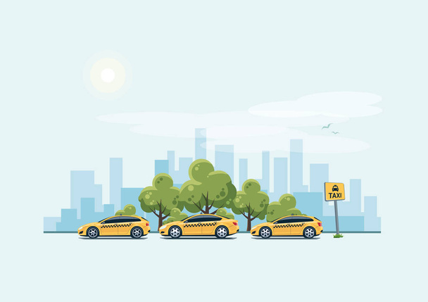 Parking Taxi Cars and City Background - Vector, Image