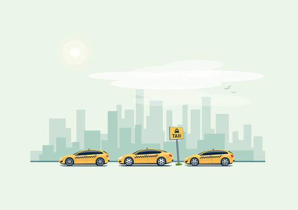 Χώρος στάθμευσης αυτοκινήτων ταξί και φόντο πόλη - Διάνυσμα, εικόνα