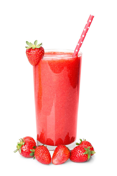 Strawberry smoothie on white background - Фото, зображення