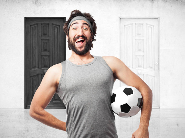 щасливий спортивний чоловік з футбольним м'ячем
 - Фото, зображення
