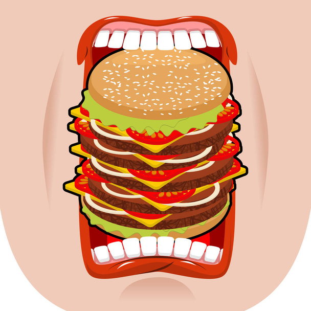 Big hamburger mouth. Strong hunger. Great burger and open mouth. - Vector, Image