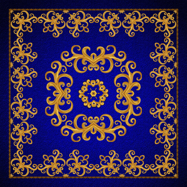 Gold arabesque, oriental style, abstract figure, tiles, mosaics. Sparkling decorative square frame. Dark blue velvet textured background. - Foto, Bild