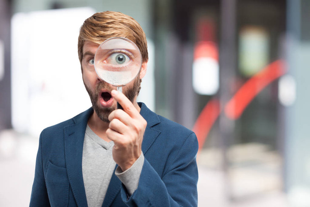 happy businessman with magnifying glass - 写真・画像