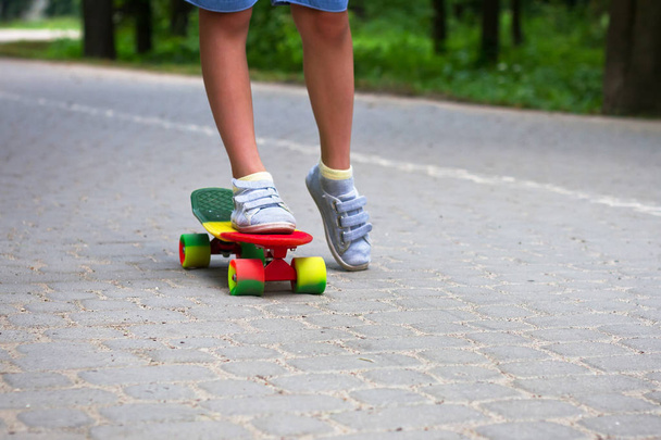 Adorable toddler boy having fun with colorful skateboard outdoors in the park - Foto, Imagem