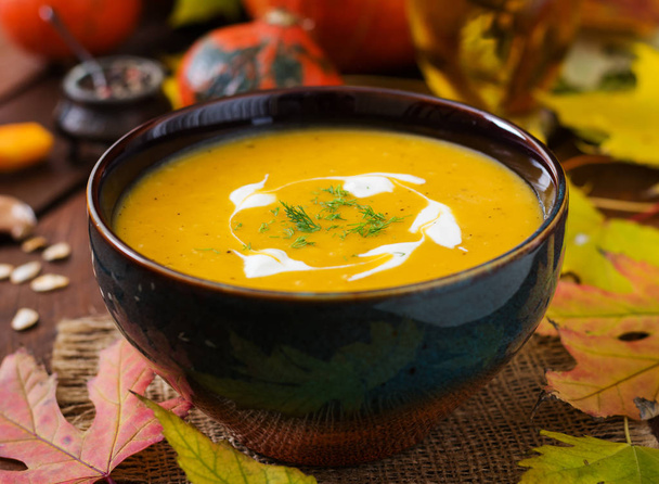 pumpkin soup with sour cream sauce - Photo, Image