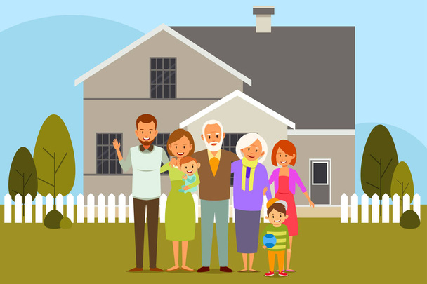 Multi Generation Family in Front of a House - Vector, Image
